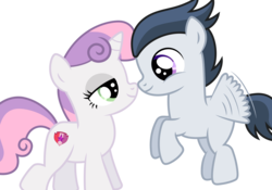 Size: 4210x2952 | Tagged: safe, artist:meandmyideas, rumble, sweetie belle, pegasus, pony, unicorn, g4, bedroom eyes, buzzing wings, colt, cute, female, filly, flying, foal, looking at each other, male, ship:rumbelle, shipping, simple background, smiling, straight, transparent background, vector, wings
