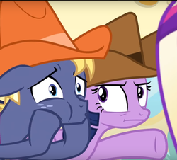 Size: 1693x1531 | Tagged: safe, screencap, princess cadance, star tracker, twilight sparkle, alicorn, earth pony, pony, g4, once upon a zeppelin, :i, cropped, female, hat, male, mare, stallion, twilight sparkle (alicorn), twilight sparkle is not amused, unamused