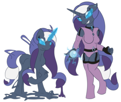 Size: 4735x3997 | Tagged: safe, artist:skyspeardraw, nightmare rarity, oc, oc:léa, pony, g4, clothes, corrupted, garter belt, human to anthro, latex, magic, rubber, socks, stockings, symbiote, thigh highs, transformation