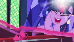 Size: 960x540 | Tagged: safe, screencap, twilight sparkle, alicorn, pony, g4, uncommon bond, board game, dragon pit, female, laughing, magic, shine, solo, telekinesis, twilight sparkle (alicorn)