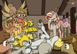 Size: 2500x1750 | Tagged: safe, artist:floofyfoxcomics, oc, oc only, oc:peppermint mocha (pegasusjedi), oc:quickshot, oc:sarge, oc:sunlight days, pony, comic:a dash of peppermint, armor, barracks, clumsy, dazed, facehoof, female, guardsmare, mannequin, mare, royal guard, royal guard armor, story included, swirly eyes