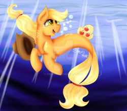 Size: 1024x896 | Tagged: safe, artist:shamy-crist, applejack, seapony (g4), g4, my little pony: the movie, female, hat, seaponified, seapony applejack, solo, species swap, underwater, watermark