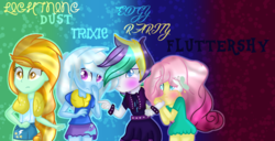 Size: 1024x526 | Tagged: safe, artist:emerald-bliss, fluttershy, lightning dust, rarity, trixie, equestria girls, g4, alternate hairstyle, alternate universe, equestria girls-ified, punk, raripunk