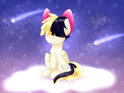 Size: 2400x1800 | Tagged: safe, artist:mayleebell24, songbird serenade, pegasus, pony, g4, my little pony: the movie, bow, cloud, female, folded wings, hair over eyes, mare, shooting star, solo, watermark