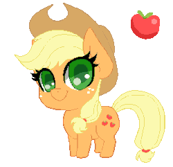 Size: 278x268 | Tagged: safe, artist:imaranx, artist:toxicpoisonpills, applejack, earth pony, pony, g4, animated, apple, chibi, cowboy hat, female, food, gif, hat, looking at you, mare, pixel art, smiling, solo