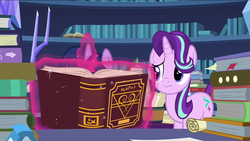 Size: 1136x640 | Tagged: safe, screencap, starlight glimmer, twilight sparkle, alicorn, pony, unicorn, g4, shadow play, book, disney, duo, duo female, female, kingdom hearts, magic, magic aura, mare, reference, telekinesis, twilight sparkle (alicorn)