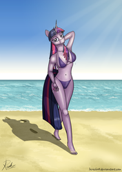 Size: 2480x3508 | Tagged: safe, artist:bcrich40, twilight sparkle, unicorn, anthro, plantigrade anthro, g4, barefoot, beach, belly button, bikini, clothes, feet, female, high res, looking at you, ocean, sand, solo, swimsuit, unicorn twilight, wet