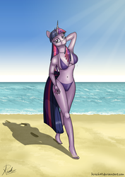 Size: 2480x3508 | Tagged: safe, artist:bcrich40, twilight sparkle, unicorn, anthro, plantigrade anthro, g4, barefoot, beach, belly button, bikini, clothes, feet, female, high res, looking at you, ocean, outdoors, purple bikini, purple swimsuit, sand, solo, swimsuit, unicorn twilight, wet