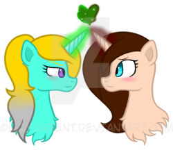 Size: 1024x886 | Tagged: safe, artist:lilygarent, oc, oc only, oc:dede, oc:silver, pony, unicorn, female, looking at each other, magic, mare, watermark
