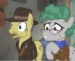 Size: 710x574 | Tagged: safe, screencap, indiana pones, professor fossil, earth pony, pony, g4, shadow play, archaeologist, clothes, duo, fedora, female, glasses, hat, indiana jones, jacket, male, mare, stallion