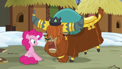 Size: 1280x720 | Tagged: safe, screencap, pinkie pie, prince rutherford, pony, yak, g4, my little pony: friendship is magic, not asking for trouble, cloven hooves, female, male, sitting