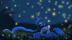 Size: 1920x1080 | Tagged: safe, artist:hierozaki, princess luna, alicorn, firefly (insect), pony, g4, female, mare, missing accessory, night, smiling, solo