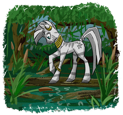 Size: 1920x1800 | Tagged: safe, artist:akweer, zecora, zebra, g4, ear piercing, everfree forest, female, forest, looking down, mare, piercing, solo, water