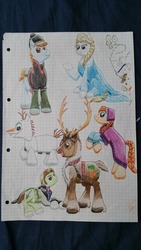 Size: 1080x1920 | Tagged: safe, artist:hilfigirl, earth pony, pony, unicorn, anna, disney, elsa, frozen (movie), kristoff, olaf, ponified, snowman, sven, traditional art