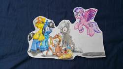 Size: 3264x1836 | Tagged: safe, artist:hilfigirl, oc, oc only, oc:aescula, oc:blueboard, oc:pawprint, unnamed oc, pegasus, pony, unicorn, traditional art