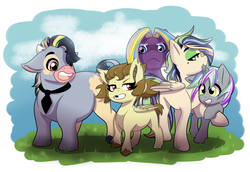 Size: 3235x2223 | Tagged: safe, artist:marukouhai, oc, oc only, oc:chriss, oc:doug, oc:euli, oc:judy, oc:morris, hybrid, minotaur, pegasus, pony, unicorn, colt, female, filly, high res, male, offspring, parent:bulk biceps, parent:diamond tiara, parent:fluttershy, parent:iron will, parent:rumble, parent:silver spoon, parents:flutterbulk