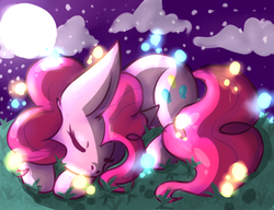 Size: 3000x2300 | Tagged: safe, artist:malikasoul08, pinkie pie, earth pony, pony, g4, eyes closed, female, high res, light, moon, night, prone, sleeping, solo