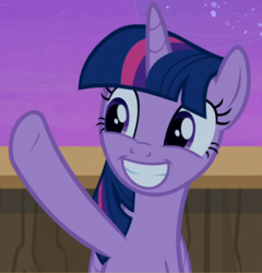 Size: 725x754 | Tagged: safe, screencap, twilight sparkle, alicorn, pony, g4, once upon a zeppelin, cropped, faic, female, mare, smiling, solo, twilight sparkle (alicorn), waving