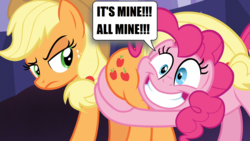 Size: 1920x1080 | Tagged: safe, edit, screencap, applejack, pinkie pie, g4, shadow play, butt, butt touch, butthug, faceful of ass, female, hug, lesbian, pinkie hugging applejack's butt, plot, ship:applepie, shipping, speech bubble, this will end in pain, unamused