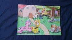 Size: 540x304 | Tagged: safe, artist:hilfigirl, oc, oc only, oc:aescula, oc:blueboard, oc:endearing chalk, oc:pawprint, unnamed oc, dog, earth pony, pegasus, pony, unicorn, colt, female, filly, foal, lineart, male, outdoors, playing, school, school bus, school yard, teacher, traditional art, tree