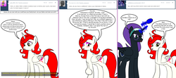 Size: 1808x800 | Tagged: safe, artist:dekomaru, oc, oc only, oc:astra, oc:nyx, alicorn, pony, tumblr:ask twixie, ask, comb, female, magic, mare, tumblr