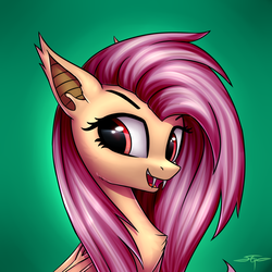 Size: 3000x3000 | Tagged: safe, artist:setharu, fluttershy, bat pony, pony, g4, 2d, bat ponified, bust, chest fluff, commission, ear fluff, fangs, female, flutterbat, folded wings, gradient background, green background, high res, looking right, looking sideways, mare, open mouth, open smile, pink mane, portrait, race swap, red eyes, signature, simple background, smiling, solo, yellow skin