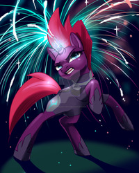 Size: 2190x2738 | Tagged: safe, artist:twinklestarcc, fizzlepop berrytwist, tempest shadow, pony, unicorn, g4, my little pony: the movie, armor, broken horn, female, fireworks, fizzlepop's fireworks, glowing horn, high res, horn, magic, mare, rearing, solo, sparking horn