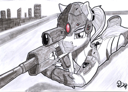 Size: 1663x1200 | Tagged: safe, artist:dsc-the-artist, oc, oc only, earth pony, pony, black and white, female, grayscale, gun, hooves, mare, monochrome, optical sight, overwatch, ponified, rifle, sketch, sniper, sniper rifle, solo, weapon, widowmaker
