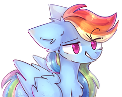 Size: 2404x1918 | Tagged: safe, artist:flaviatail, rainbow dash, pegasus, pony, g4, chest fluff, ear fluff, female, folded wings, mare, raised eyebrow, simple background, smiling, solo, white background