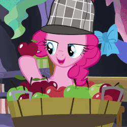 Size: 680x680 | Tagged: safe, screencap, pinkie pie, earth pony, pony, g4, season 7, secrets and pies, animated, apple, deerstalker, female, food, gif, hat, mare, solo