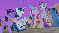 Size: 849x475 | Tagged: safe, screencap, night light, princess cadance, princess flurry heart, shining armor, twilight sparkle, twilight velvet, alicorn, pony, unicorn, g4, once upon a zeppelin, airship, animated, family, female, filly, food, gif, ice cream, laughing, magic, male, mare, siblings, sparkle family, stallion, telekinesis, twilight sparkle (alicorn), zeppelin