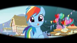 Size: 1920x1080 | Tagged: safe, screencap, rainbow dash, pegasus, pony, g4, secrets and pies, balloon, cute, dashabetes, female, food, licking, licking lips, looking at you, mare, nya, pie, ponyville, solo, tongue out