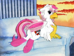 Size: 1323x1000 | Tagged: safe, artist:foxxy-arts, oc, oc only, oc:foxxy hooves, classical hippogriff, hippogriff, g4, animation cel, butt, chest fluff, cute, female, hand on chest, looking at you, plot, solo, traditional art