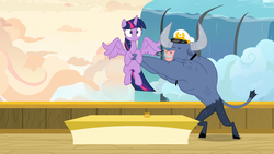 Size: 1920x1080 | Tagged: safe, screencap, iron will, twilight sparkle, alicorn, minotaur, pony, g4, once upon a zeppelin, captain hat, desk, holding a pony, inkwell, lifting, twilight sparkle (alicorn)