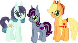 Size: 2067x1150 | Tagged: safe, artist:casanova-mew, applejack, coloratura, oc, oc:merry tune, earth pony, pony, g4, female, lesbian, magical lesbian spawn, mare, offspring, older, parent:applejack, parent:coloratura, parents:rarajack, ship:rarajack, shipping, simple background, transparent background, trio