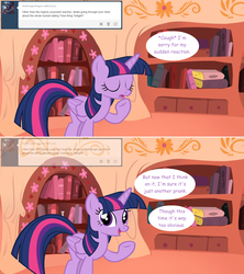 Size: 1280x1444 | Tagged: safe, artist:hakunohamikage, twilight sparkle, alicorn, pony, ask-princesssparkle, g4, ask, comic, eyes closed, female, golden oaks library, mare, solo, tumblr, twilight sparkle (alicorn)