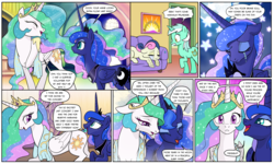 Size: 1920x1149 | Tagged: safe, artist:pencils, bon bon, lyra heartstrings, princess celestia, princess luna, sweetie drops, alicorn, earth pony, pony, unicorn, comic:sunbutt sunday, g4, comic, couch, crown, crying, dialogue, female, frown, giggling, hoof hold, horseshoes, jewelry, mare, peytral, prone, pruny, regalia, royal sisters, speech bubble, thought bubble, towel, wavy mouth