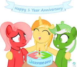 Size: 2500x2159 | Tagged: safe, artist:aemuhn, artist:arifproject, derpibooru exclusive, oc, oc only, oc:downvote, oc:favourite, oc:upvote, pony, derpibooru, anniversary, birthday, birthday cake, cake, collaboration, cute, derpibooru ponified, eyes closed, food, grin, high res, meta, open mouth, ponified, simple background, smiling, table, transparent background, vector