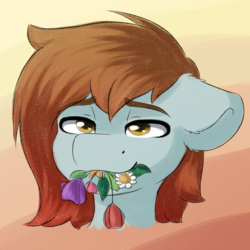 Size: 1000x1000 | Tagged: safe, artist:spirit-dude, oc, oc only, oc:spirit rose, pony, abstract background, bust, ear fluff, eating, female, floppy ears, flower, flower in mouth, herbivore, lidded eyes, mare, mouth hold, portrait, solo