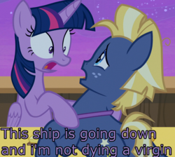 Size: 1207x1080 | Tagged: safe, edit, edited screencap, screencap, star tracker, twilight sparkle, alicorn, pony, g4, once upon a zeppelin, butt, caption, cropped, duo, female, image macro, imminent sex, implied sex, male, mare, meme, plot, stallion, twilight sparkle (alicorn), virgin