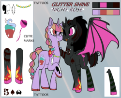 Size: 4100x3300 | Tagged: safe, artist:koatei, oc, oc only, oc:glitter shine (ice1517), oc:night rose (ice1517), alicorn, bat pony, bat pony alicorn, pony, unicorn, alicorn oc, commission, cross, cute, eyebrow piercing, female, glasses, goth, hug, lesbian, mare, oc x oc, one eye closed, piercing, pigtails, red and black oc, redesign, reference sheet, shipping, smiling, tattoo, tongue out, tongue piercing, twintails, wing piercing, wink