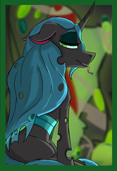Size: 4550x6650 | Tagged: safe, artist:lula-moonarts, queen chrysalis, changeling, changeling queen, g4, absurd resolution, female, floppy ears, looking back, smiling, solo, tongue out