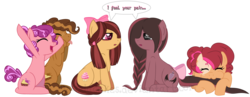 Size: 2017x780 | Tagged: safe, artist:ipandacakes, oc, oc only, oc:chimi cherry cheesecake, oc:cupcake, oc:humor mimi pie, oc:jamboree sandwich, oc:peanut butter sandwich, earth pony, pony, pandoraverse, alternate universe, bow, brother and sister, crossover, female, hair bow, happy, interdimensional siblings, male, mare, next generation, nom, offspring, parent:cheese sandwich, parent:pinkie pie, parents:cheesepie, simple background, sisters, stallion, tail bow, tongue out, transparent background