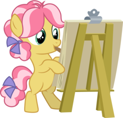 Size: 3124x3001 | Tagged: safe, artist:cloudy glow, kettle corn, earth pony, pony, g4, marks and recreation, bipedal, canvas, easel, female, filly, foal, high res, mouth hold, painting, simple background, solo, transparent background, vector