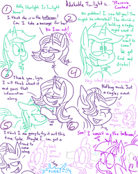 Size: 1280x1611 | Tagged: safe, artist:adorkabletwilightandfriends, lyra heartstrings, spike, starlight glimmer, twilight sparkle, alicorn, dragon, pony, unicorn, comic:adorkable twilight and friends, g4, adorkable twilight, chest fluff, comic, dialogue, eyes closed, flushing, grin, implied sparlight, lidded eyes, lineart, looking at each other, petting, shit eating grin, slice of life, smiling, toilet paper, tongue out, twilight sparkle (alicorn)