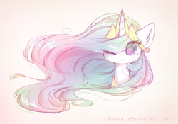 Size: 1024x718 | Tagged: safe, artist:chimeeri, princess celestia, alicorn, pony, g4, crown, female, jewelry, looking at you, mare, one eye closed, regalia, simple background, solo, wink