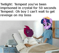 Size: 500x454 | Tagged: safe, fizzlepop berrytwist, tempest shadow, twilight sparkle, alicorn, pony, unicorn, g4, my little pony: the movie, bed, broken horn, crown, horn, hospital, hospital bed, jewelry, meme, regalia, sir you've been in a coma