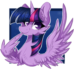 Size: 1069x1001 | Tagged: safe, artist:woonborg, twilight sparkle, alicorn, pony, g4, bust, cheek fluff, chest fluff, ear fluff, female, looking away, mare, portrait, simple background, smiling, solo, spread wings, transparent background, twilight sparkle (alicorn), wing hands, wings