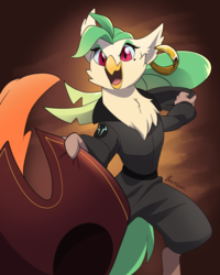 Size: 575x719 | Tagged: safe, artist:ponjii, captain celaeno, anthro, digitigrade anthro, g4, my little pony: the movie, clothes, female, hat, pirate hat, solo, storm king's messenger outfit
