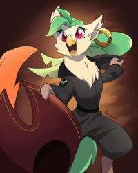 Size: 575x719 | Tagged: safe, artist:ponjii, captain celaeno, bird, ornithian, anthro, digitigrade anthro, g4, my little pony: the movie, clothes, female, hat, pirate hat, solo, storm king's messenger outfit